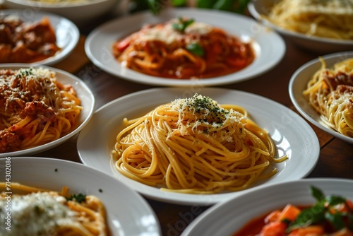 A collection of pasta dishes, from spaghetti to lasagna, each served on a white plate