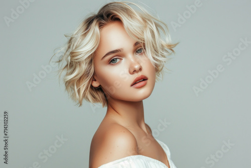 Serene beauty portrait of a young woman with short wavy blonde hair and piercing blue eyes, exuding elegance and simplicity