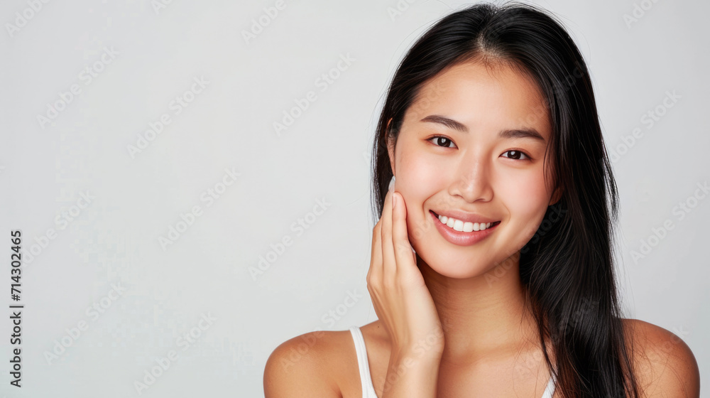 Smiling woman with a hand gently touching her face, displaying clear skin and a joyful expression. Smiling woman with a hand gently touching her face, displaying clear skin and a joyful expression.