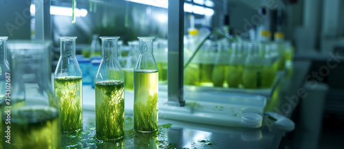 Biological laboratory with algae specimens in flasks glowing with a luminescent green, a scene of scientific research in biotech