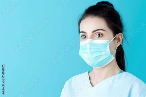 Young woman in medical mask on blue background with copy space. Medical Mask. Pandemic Concept with copy space. Healthcare Concept. Epidemic Concept. Copy Space.