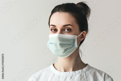 Portrait of a beautiful young woman in a medical mask on a white background with copy space. Medical Mask. Pandemic Concept with copy space. Healthcare Concept. Epidemic Concept. 