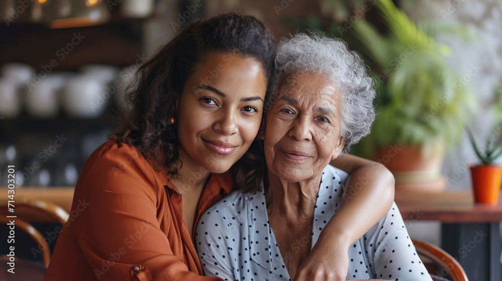 Young woman and an elderly woman closely posing together, smiling warmly, giving a sense of family, affection, and generational connection. Young woman and an elderly woman closely posing together, smiling warmly, giving a sense of family, affection, and generational connection.