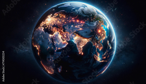 Zoomed-out view of Earth at night with the continents clearly visible and vibrant city lights #714303234