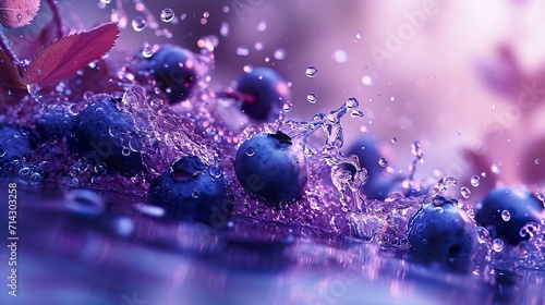 Beautiful whole blueberries falling into the water in aesthetic complexity and beautiful colors. Purple textured blueberries in clear water with incomparable freshness.