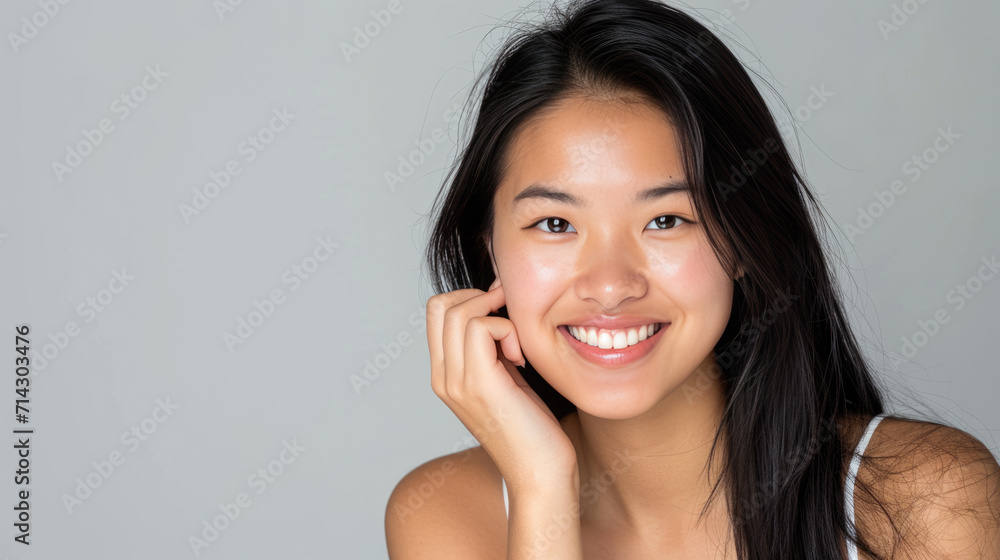Smiling woman with a hand gently touching her face, displaying clear skin and a joyful expression. Smiling woman with a hand gently touching her face, displaying clear skin and a joyful expression.