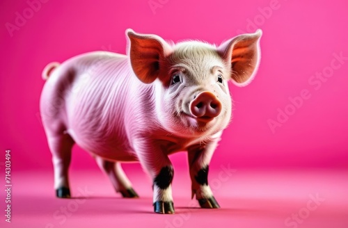 National Pig Day in the USA, little pig, home farm, pink background © Svetlana Leuto