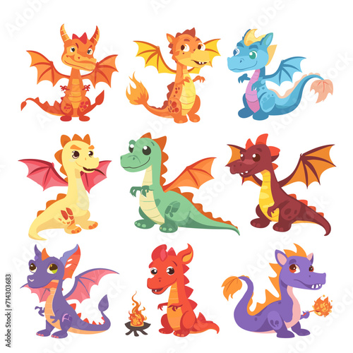 Cartoon dragon set. Cute dragons. Baby fire dragon or dinosaur cute characters isolated vector. Fairy tale monsters. Vector dragon © Irina