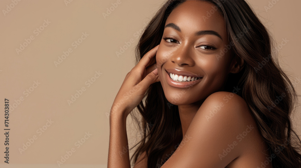 Woman with a joyful expression, emphasizing beauty, skincare, and happiness Woman with a joyful expression, emphasizing beauty, skincare, and happiness