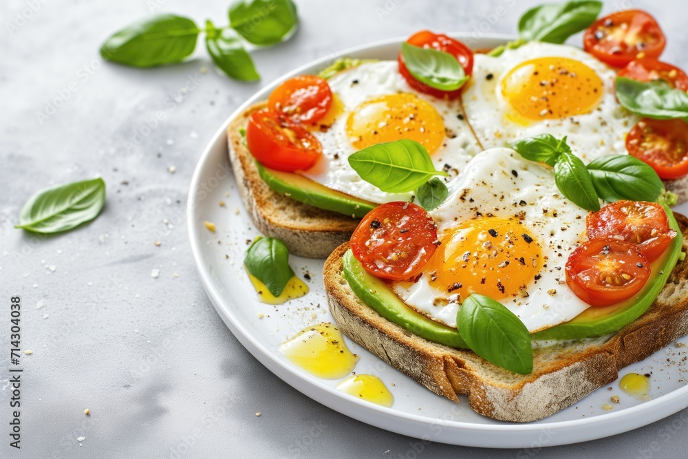 Roasted grilled bread with avocado, basil, cherry tomatoes and fresh basil leaves on a plate on white background for restaurant menu as healthy wholesome food and lifestyle concept