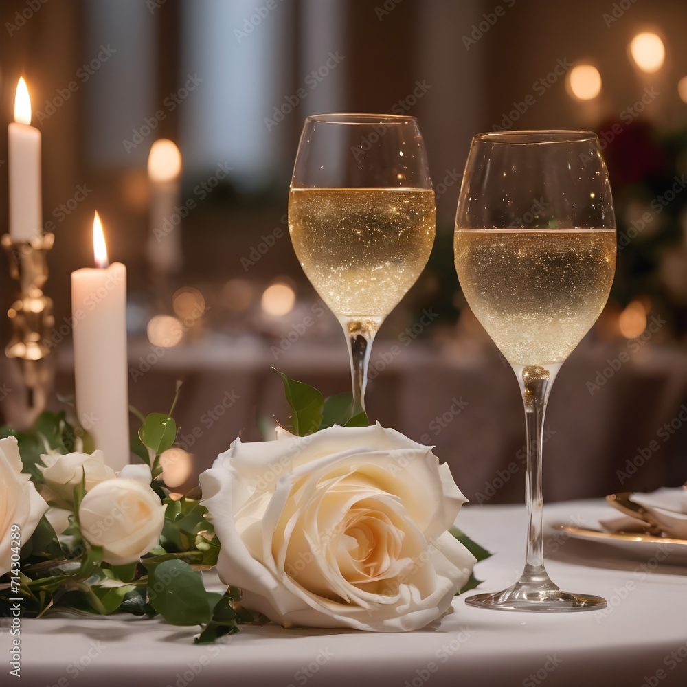 Romantic Evening: Bubbly Glasses, Candlelit Ambiance, and White Roses at a Valentine's Day Dinner Romantic Evening: Bubbly Glasses, Candlelit Ambiance, and White Roses at a Valentine's Day Dinner
