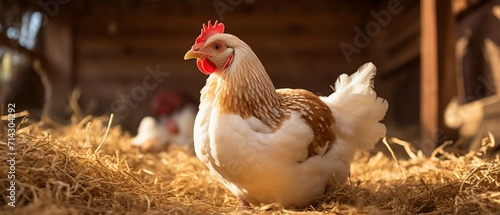 a hen on an organic farm, sitting on eggs on straw in a chicken coop