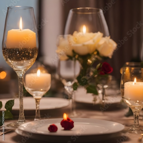 Romantic Evening: Bubbly Glasses, Candlelit Ambiance, and White Roses at a Valentine's Day Dinner