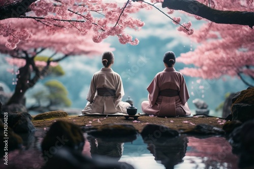  A serene Japanese ceremony in a traditional tea garden. Minimalist elegance meets quiet devotion as two souls pledge their lives under the watchful gaze of cherry blossoms. Write a story of understat © Amer