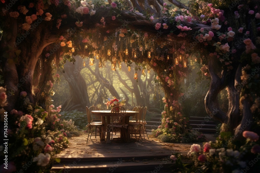 A whimsical garden overflowing with vibrant blooms and buzzing bees. A mischievous fairy sprinkles laughter as two souls exchange vows under a canopy of ancient trees.
