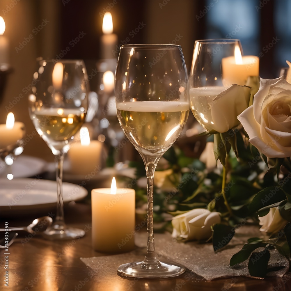 Romantic Evening: Bubbly Glasses, Candlelit Ambiance, and White Roses at a Valentine's Day Dinner Romantic Evening: Bubbly Glasses, Candlelit Ambiance, and White Roses at a Valentine's Day Dinner