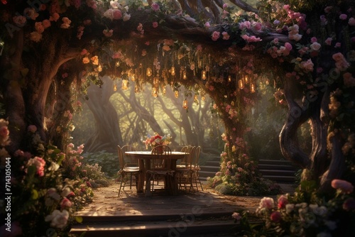 A whimsical garden overflowing with vibrant blooms and buzzing bees. A mischievous fairy sprinkles laughter as two souls exchange vows under a canopy of ancient trees.