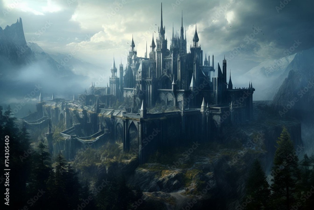 Majestic fortress with Gothic elements, characterized by a fantasy atmosphere. Generative AI