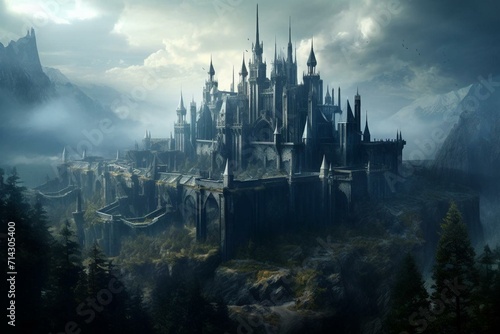 Majestic fortress with Gothic elements, characterized by a fantasy atmosphere. Generative AI photo
