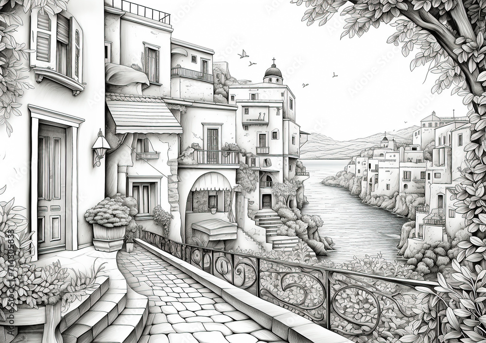 A street in the old Mediterranean town. Sketch illustration for coloring book.
