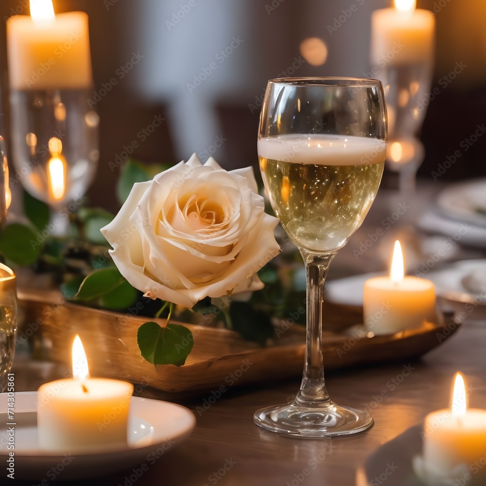 Romantic Evening: Bubbly Glasses, Candlelit Ambiance, and White Roses at a Valentine's Day Dinner Romantic Evening: Bubbly Glasses, Candlelit Ambiance, and White Roses at a Valentine's Day Dinner