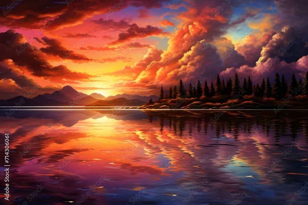 An image of a vibrant sunset over a serene lake, with colorful reflections shimmering on the water - obrazy, fototapety, plakaty 