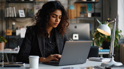 Young woman seated and smiling at the camera, with a laptop in front of her and a blurred office environment in the background