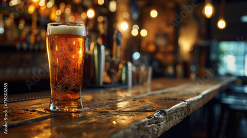 Full glass of beer with frothy head placed on a wooden bar top  with a blurred background featuring bottles.