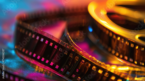 Close-up of a spiral of cinematic film reel illuminated with purple and orange lighting