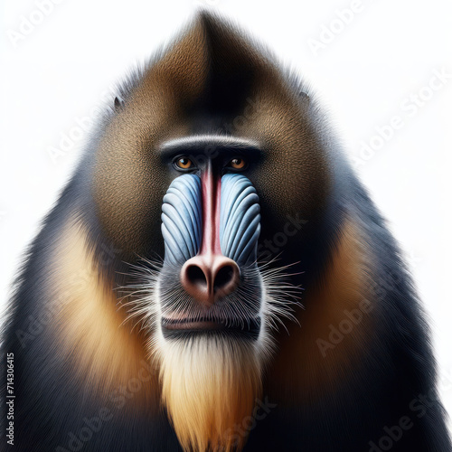 mandrill, mandrillus sphinx, Simia sphinx, baboon monkey with colorful face, African wildlife apes, high quality portrait, isolated white background. photo