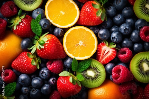 Asortyment zdrowych surowych owoców i jagód półmisek tło, truskawki maliny pomarańcze śliwki jabłka kiwi winogrona jagody jagody, mango, widok z góry, selektywne focus