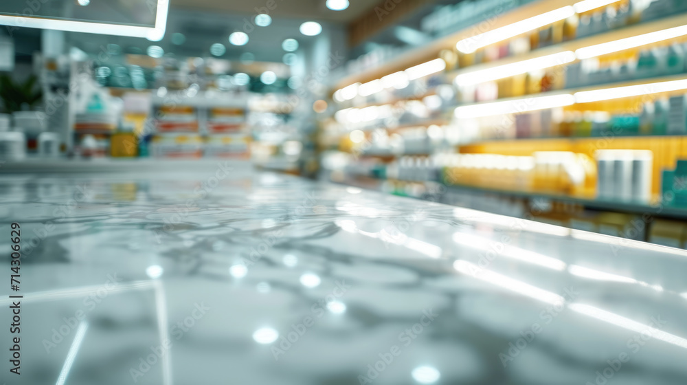 Blurred image of the interior of a store, likely a pharmacy or supermarket, with products on shelves and a bright, illuminated ceiling.