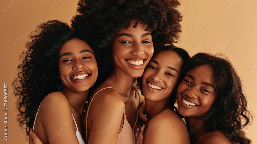 Fototapeta premium Smiling women are huddled closely together, portraying a warm, friendly, and diverse group.