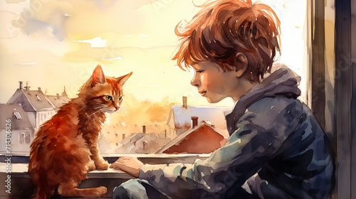 Two red-haired friends - a boy and a cat - are sitting on the windowsill near the open window. Watercolor storybook illustration.