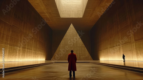 A person in a red coat stands in a vast, illuminated triangular hallway.