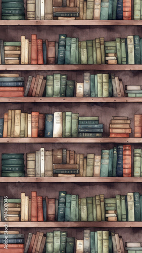 old books in a library, vertical watercolor background