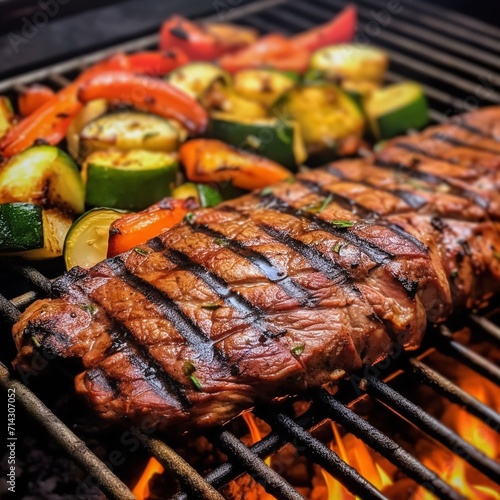 Flank Steak Being Grilled with Some Vegetables