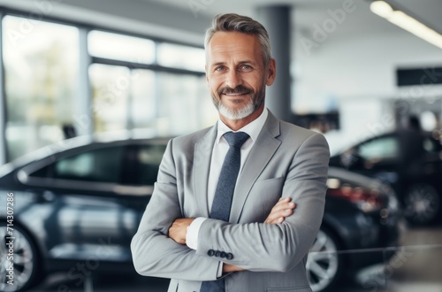 a businessman standing in front of a car showroom