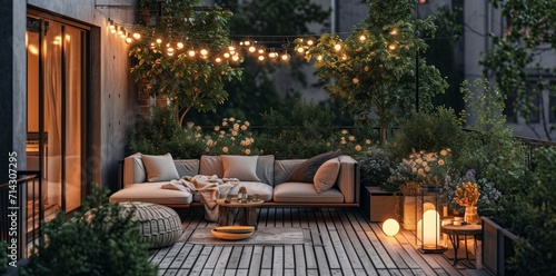an outdoor balcony with lighting, couches and small gardens