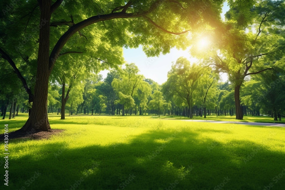 Beautiful warm summer widescreen natural landscape of park with a glade of fresh grass lit by sun - obrazy, fototapety, plakaty 