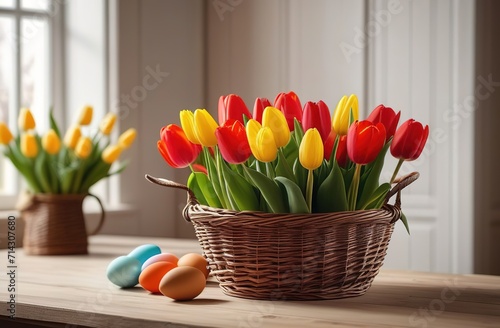 Spring flowers tulips backet mothers day valentines easter modern interrior countryhouse wooden photo