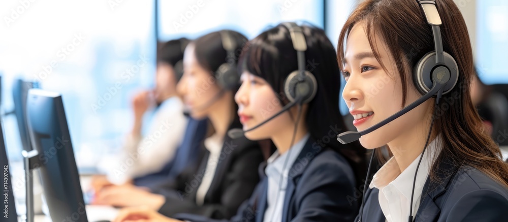 Asian professionals employed in call centers. - obrazy, fototapety, plakaty 