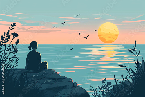 A person with cancer at the ocean, finding peace and hope in nature's beauty, cancer drawings, flat illustration photo