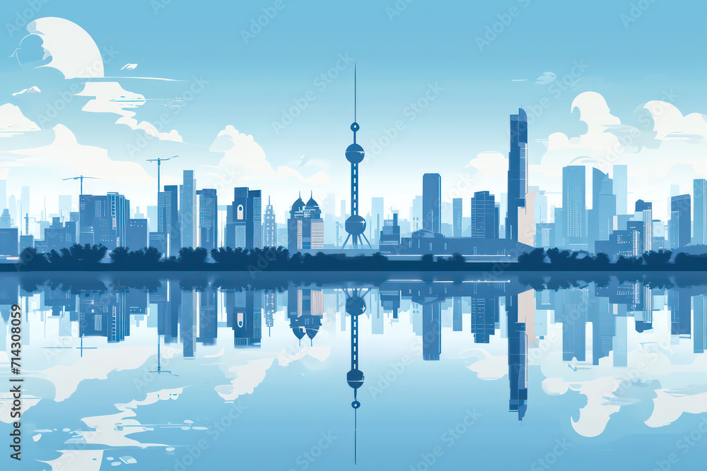 illustration of a city with its skyline reflected