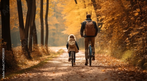 biking in the autumn with kids and parents in wooded path and leaves down trees