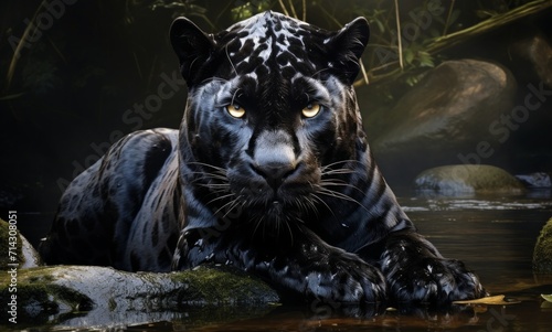 a black panther sitting in a stream