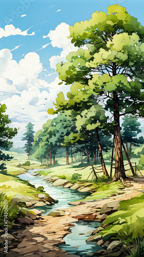 Beautiful summer landscape with a river and trees. A storybook illustration, poster art.