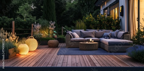 an outdoor balcony with lighting, couches and small gardens photo