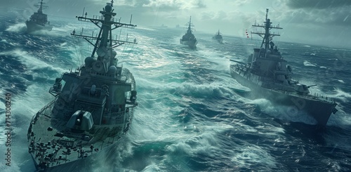 naval battleships sailing along the ocean