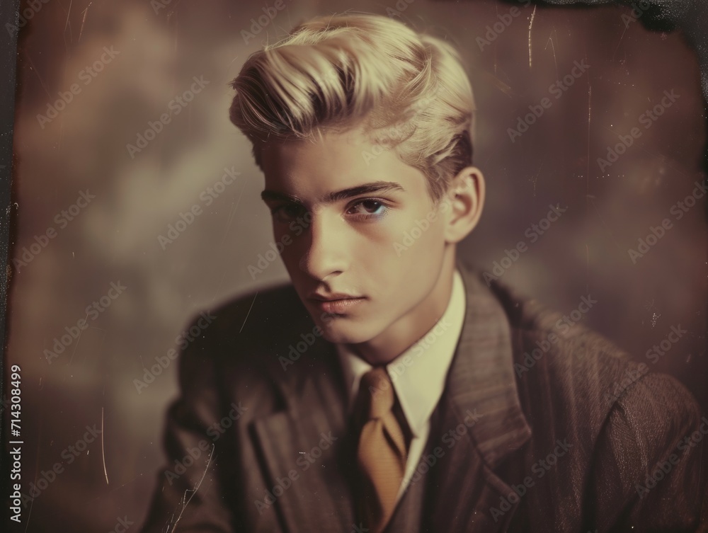 Photorealistic Teen Persian Man with Blond Straight Hair vintage Illustration. Portrait of a person in 1950s era aesthetics. Conservative style Ai Generated Horizontal Illustration.
